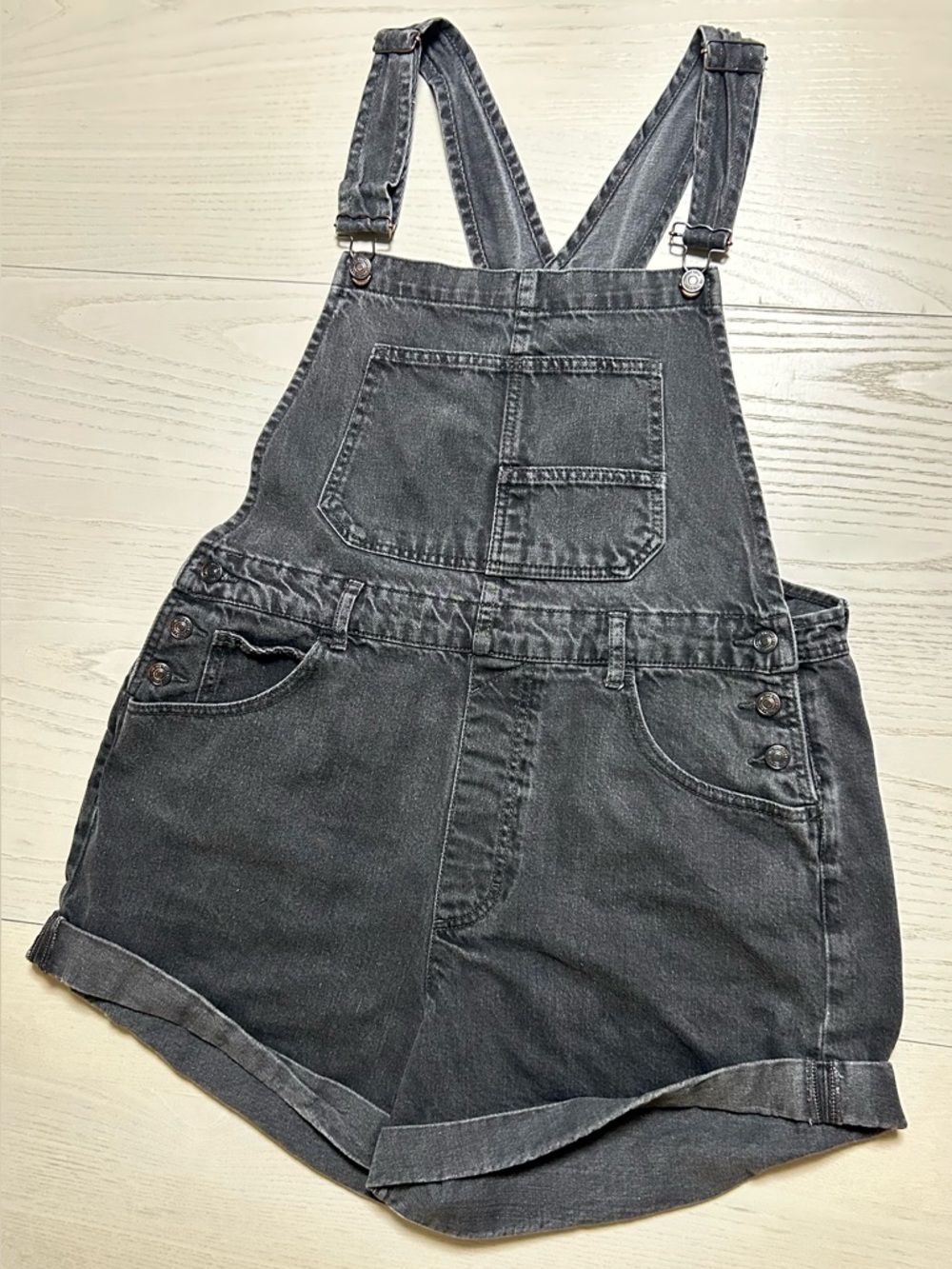 Free People Washed Black Denim Short Overalls